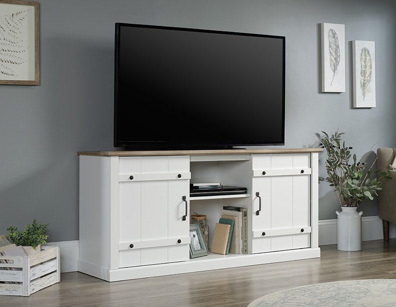 Sauder Select White Farmhouse TV Stand with Oak Accent - Soft White