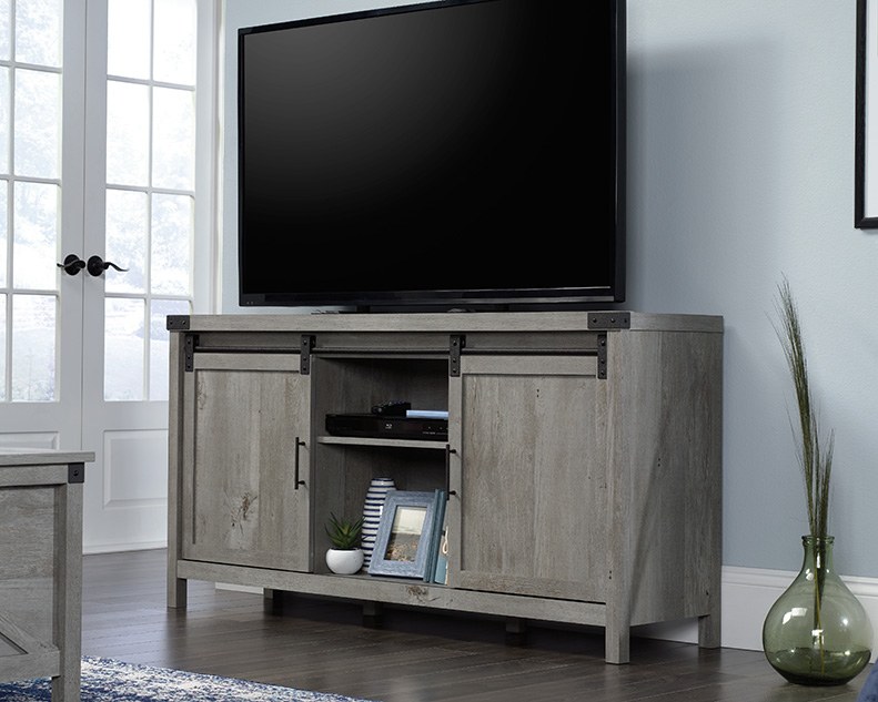 Sauder TV Credenza with Sliding Doors - Mystic Oak