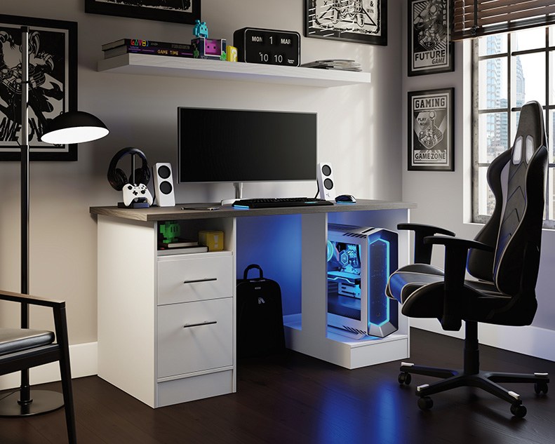 Sauder Select Desk for Gaming with Charcoal Ash Accent Top - White