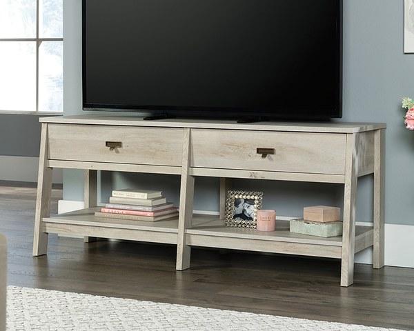 Sauder Trestle TV Credenza with Drawers and Shelves - Chalked Chestnut