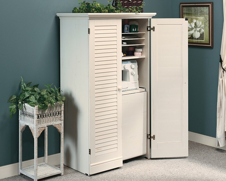 Sauder Harbor View Craft and Sewing Armoire with Table - Antiqued White