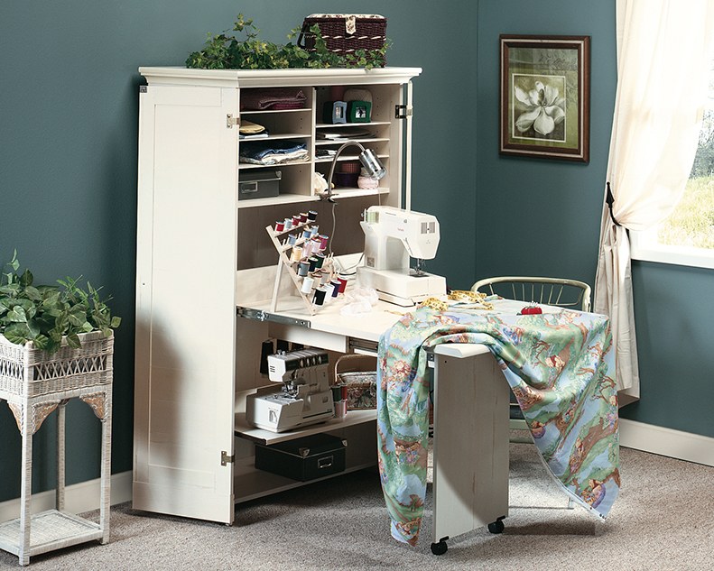 Sauder Harbor View Craft and Sewing Armoire with Table - Antiqued White