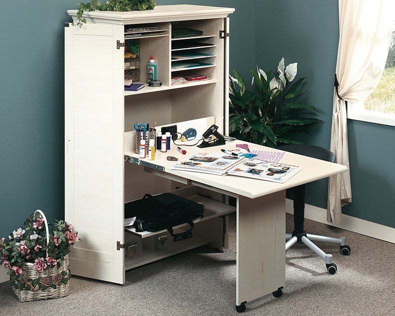 Sauder Harbor View Craft and Sewing Armoire with Table - Antiqued White