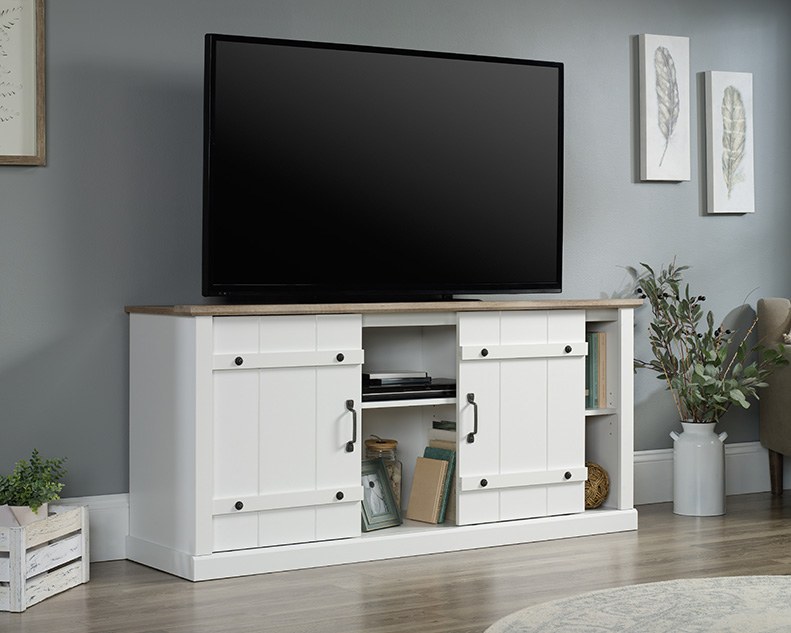 Sauder Select White Farmhouse TV Stand with Oak Accent - Soft White