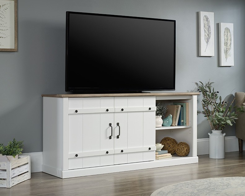 Sauder Select White Farmhouse TV Stand with Oak Accent - Soft White