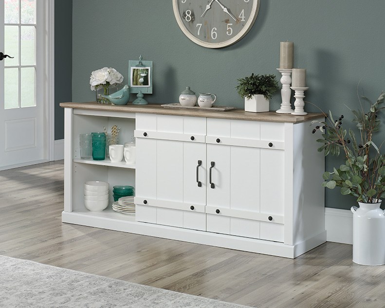 Sauder Select White Farmhouse TV Stand with Oak Accent - Soft White