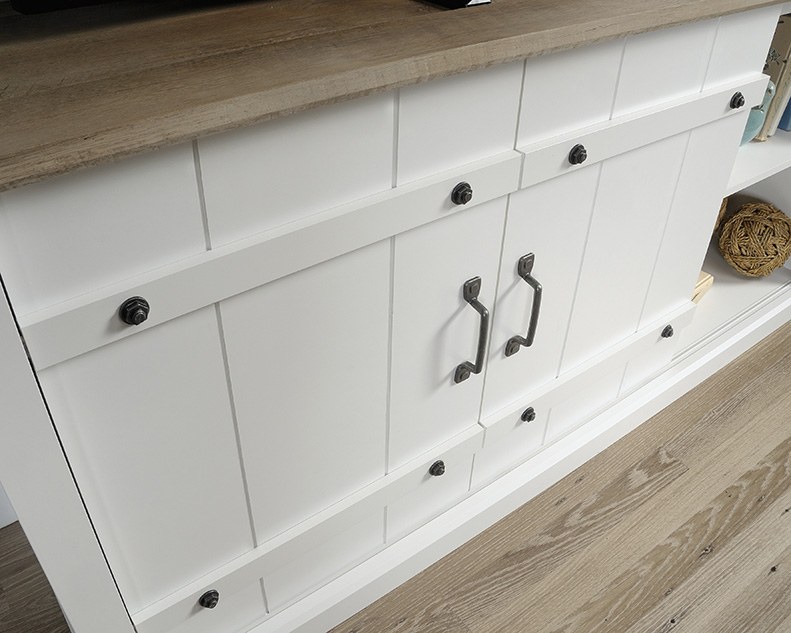 Sauder Select White Farmhouse TV Stand with Oak Accent - Soft White