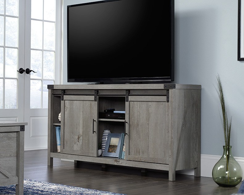 Sauder TV Credenza with Sliding Doors - Mystic Oak