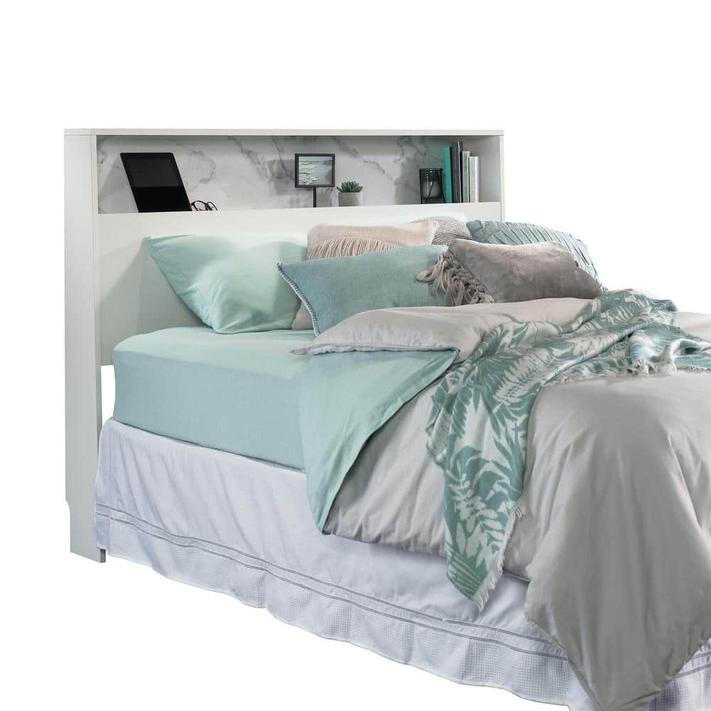 Sauder Hudson Court Full/Queen Headboard with Storage - Pearl Oak with faux White Marble accent