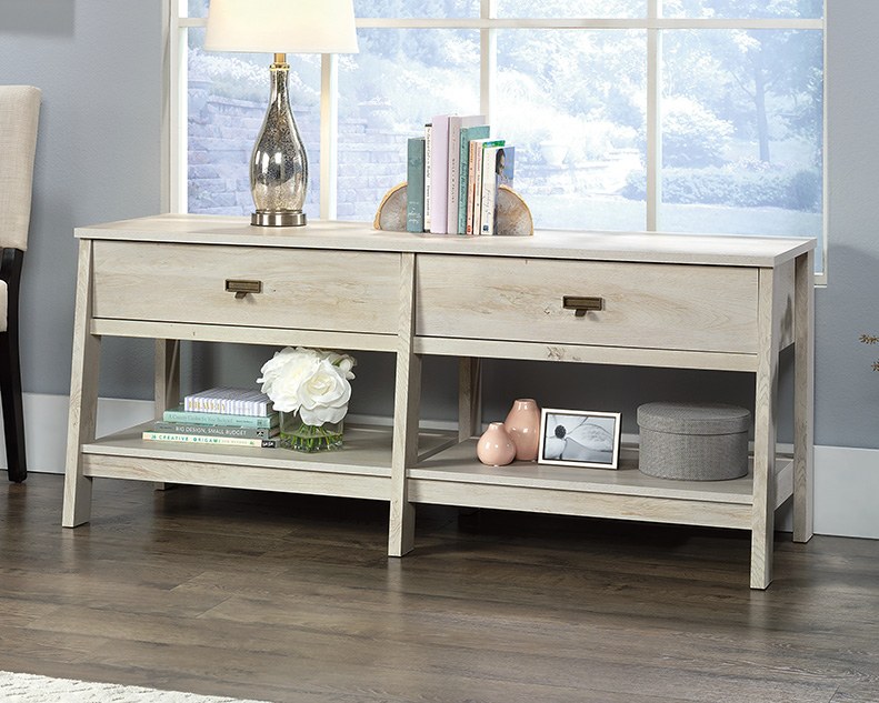 Sauder Trestle TV Credenza with Drawers and Shelves - Chalked Chestnut