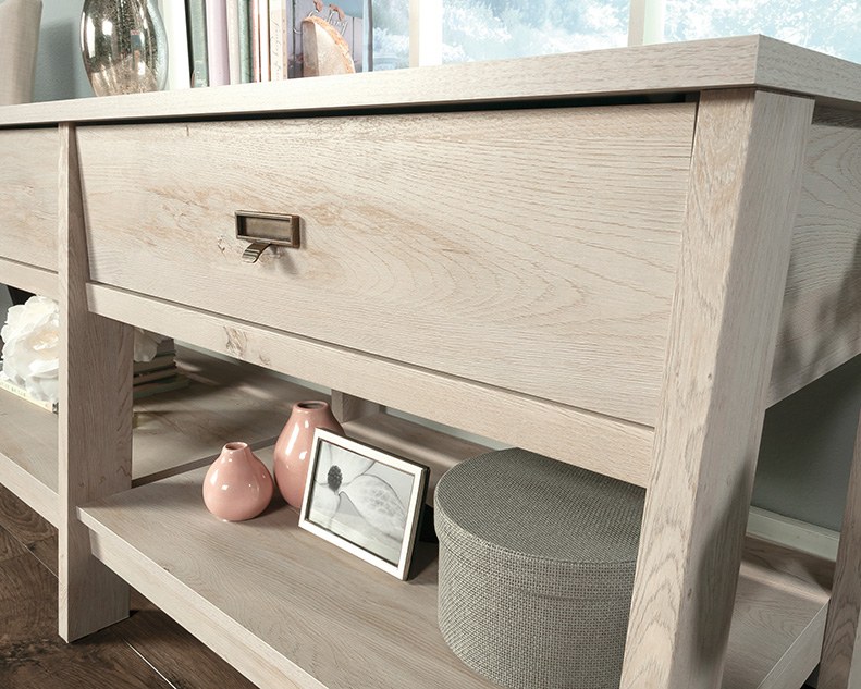 Sauder Trestle TV Credenza with Drawers and Shelves - Chalked Chestnut