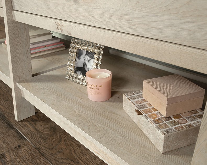 Sauder Trestle TV Credenza with Drawers and Shelves - Chalked Chestnut