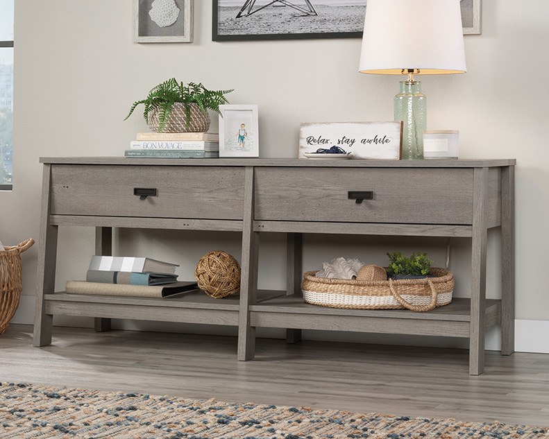 Sauder Trestle TV Credenza with Drawers - Mystic Oak
