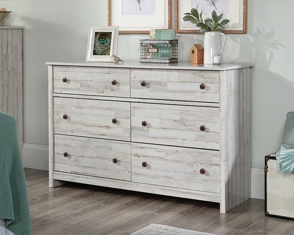 Sauder River Ranch Rustic 6-Drawer Bedroom Dresser - White Plank