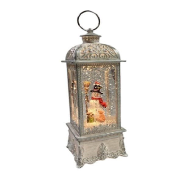 Santas Forest Snowman Scene Lantern, White, 11 in
