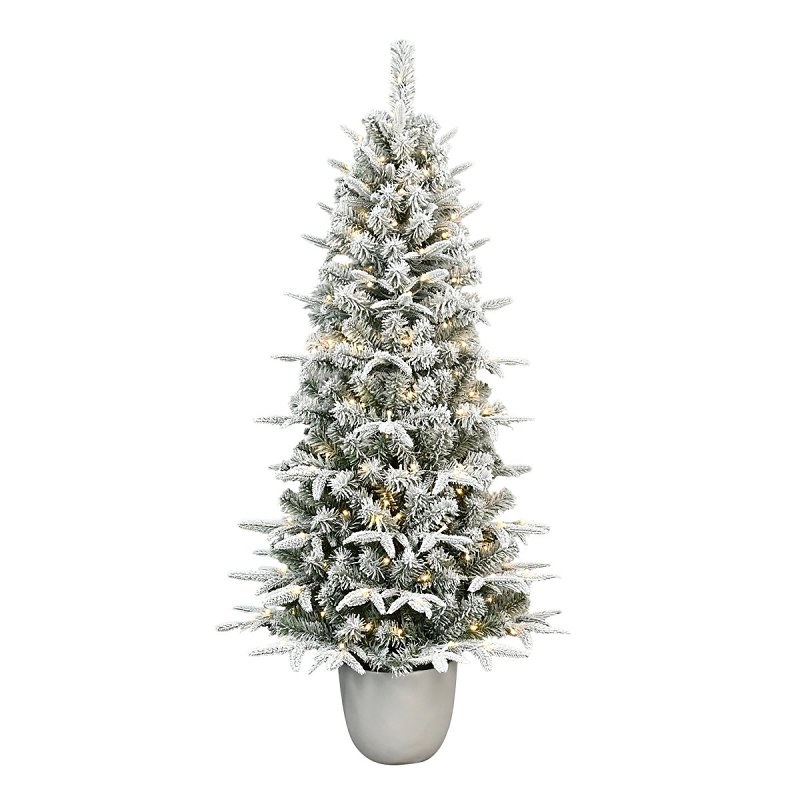 Flocked Norway Spruce Potted Christmas Tree, Warm White LED Lights, 5 ft