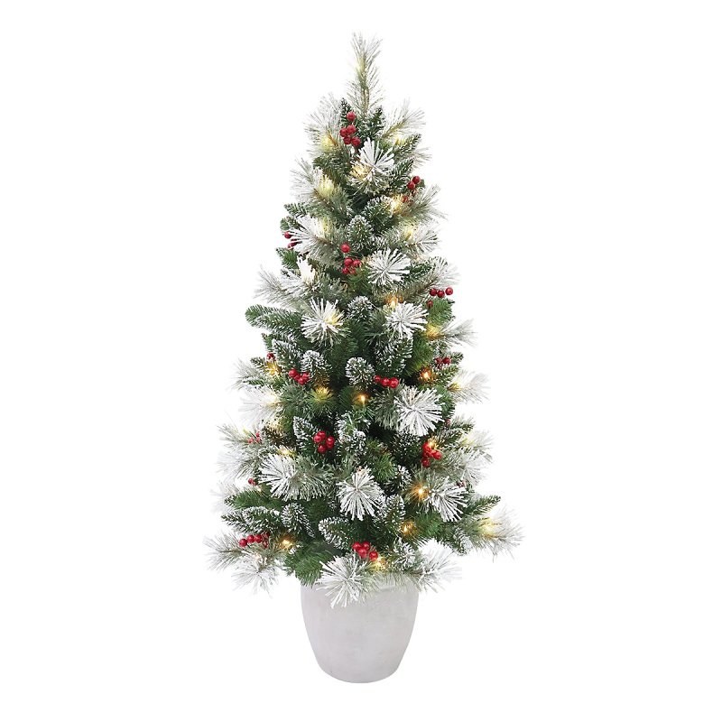 Snowy Spokane Fir Potted Christmas Tree, Warm White LED Lights, 4 ft